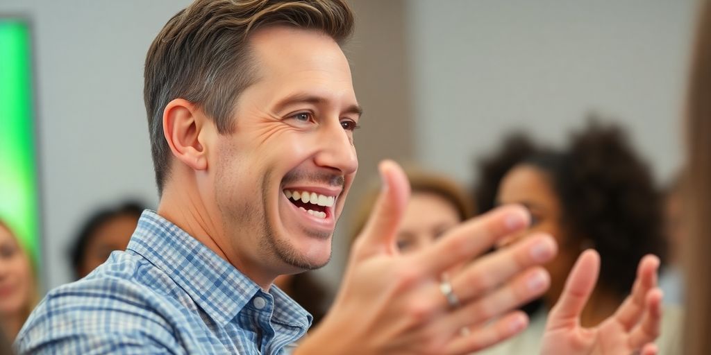 Confident speaker engaging with an attentive audience.