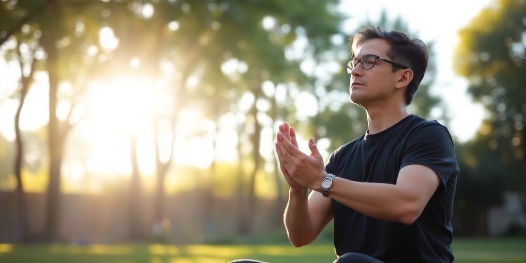 Focused individual meditating in a serene outdoor environment.