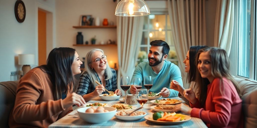 Family gathered around a dining table, sharing a meal.