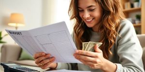 Young adult managing money and budgeting at home.