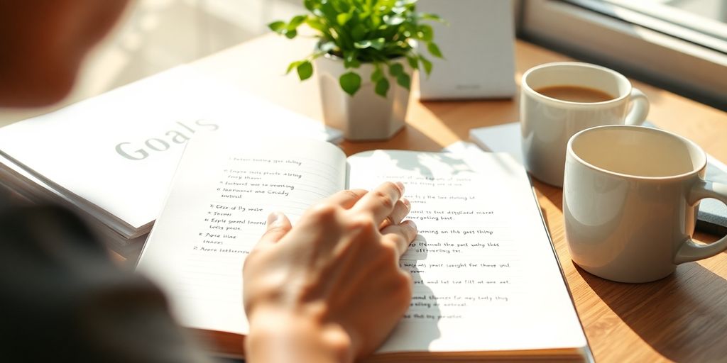 Person writing goals in a notebook with motivational items.