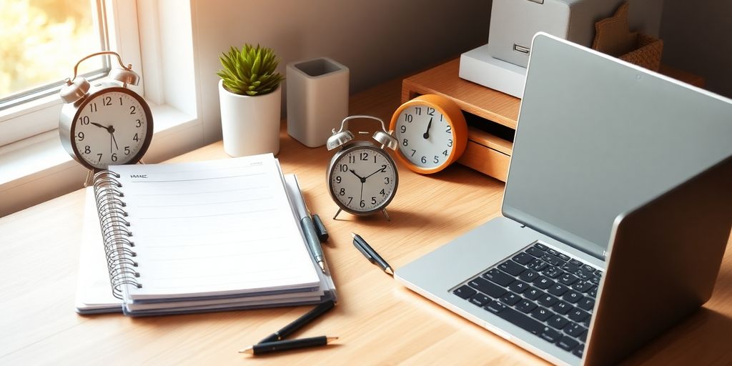 Organized workspace with planner and laptop for productivity.